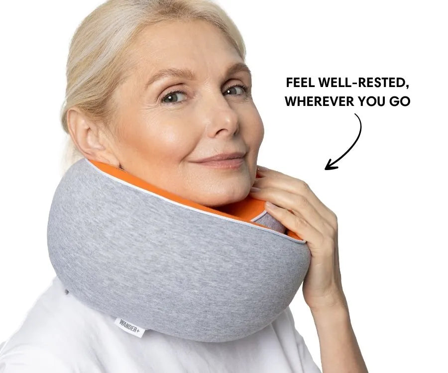 WANDER+ Pillow in Orange, worn, with the key benefits