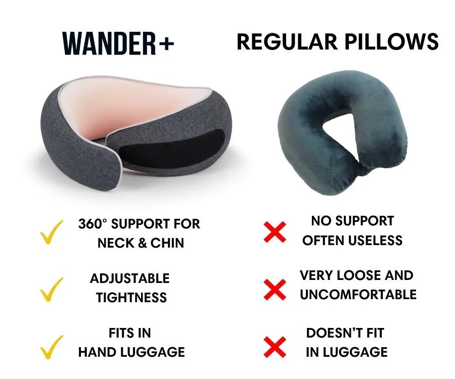 WANDER+ Pillow in Pink, compared with a regular U-shaped pillow
