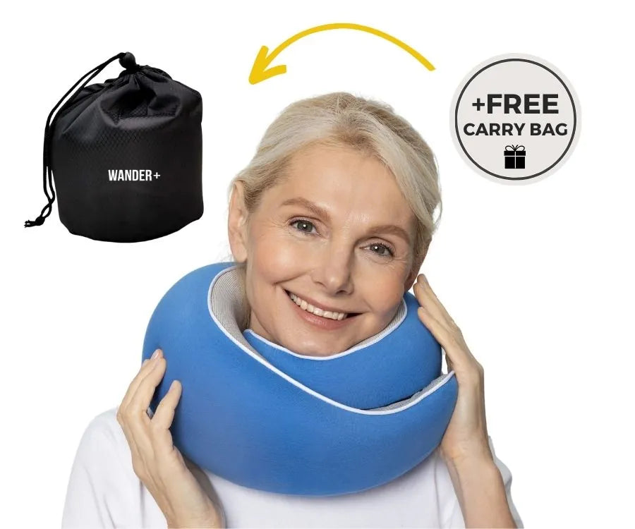 WANDER+ Pillow in Blue, with the carry bag