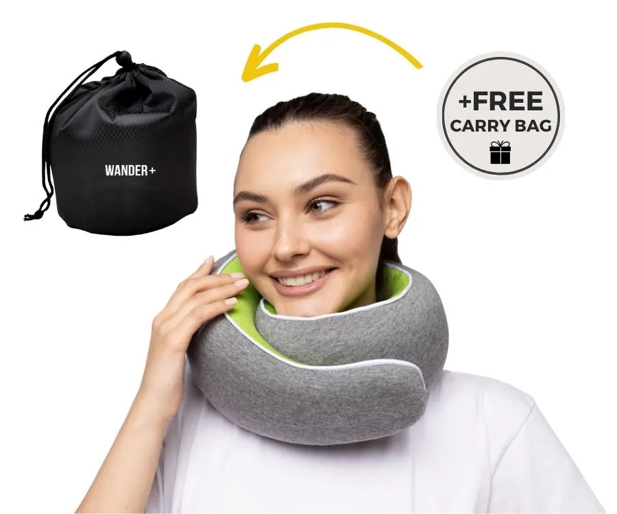 WANDER+ Pillow in Green, with the carry bag