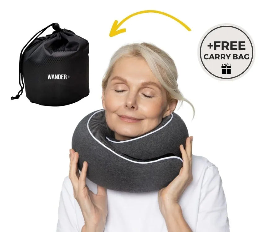 WANDER+ Pillow in Black, with the carry bag