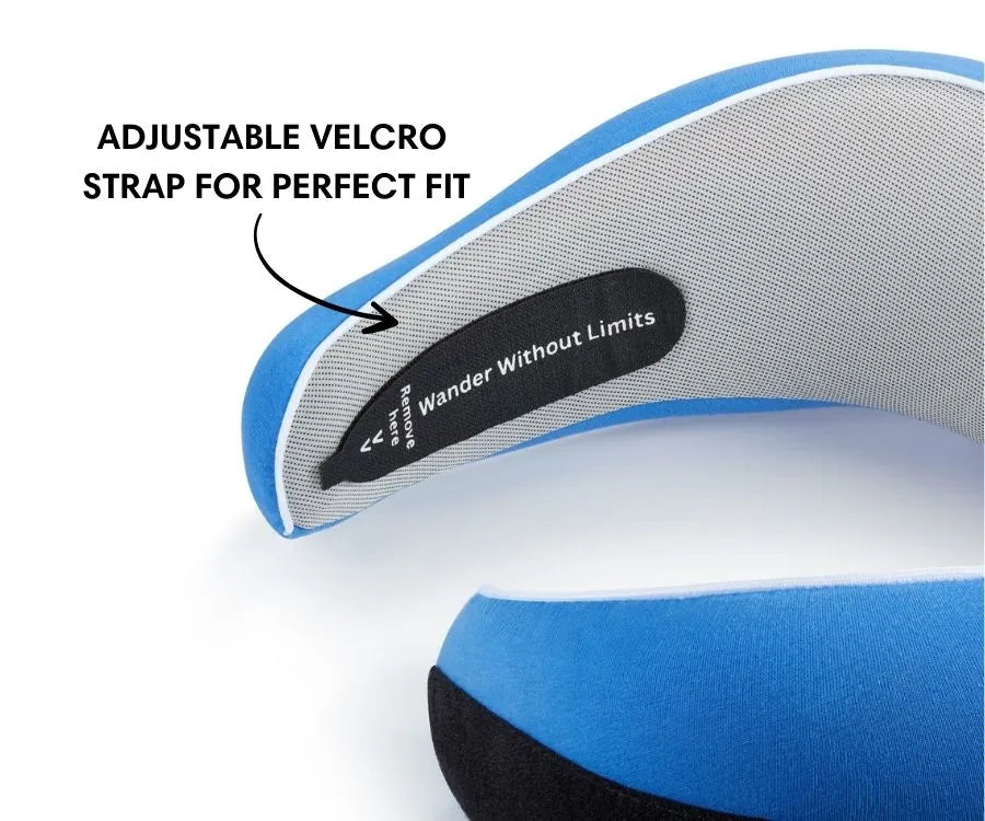 WANDER+ Pillow in Blue, adjustable strap close-up