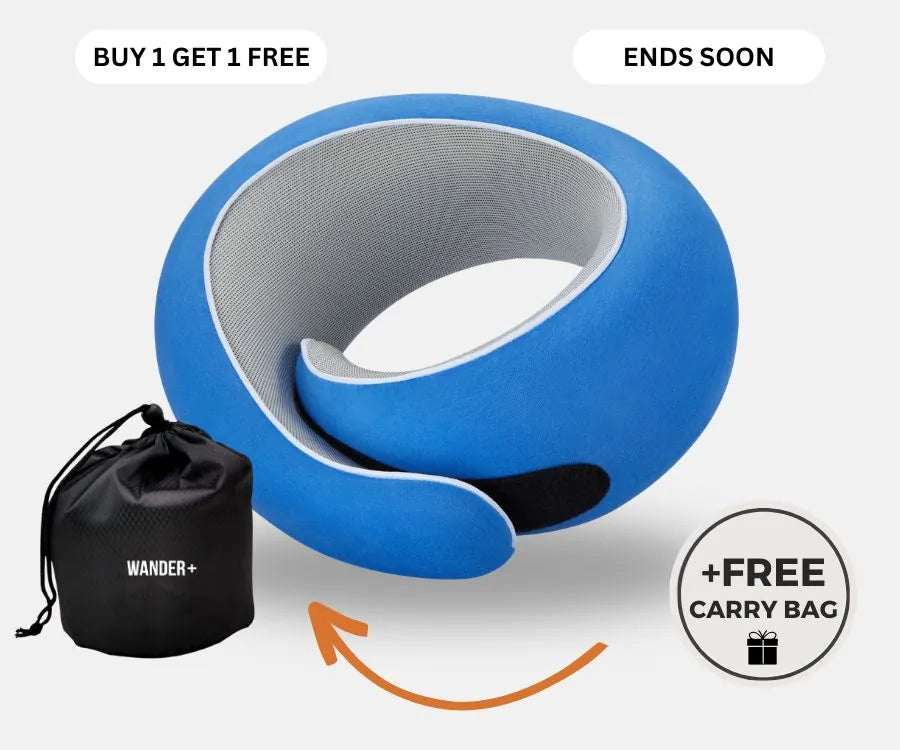 WANDER+ Pillow in Blue, with its free carry bag