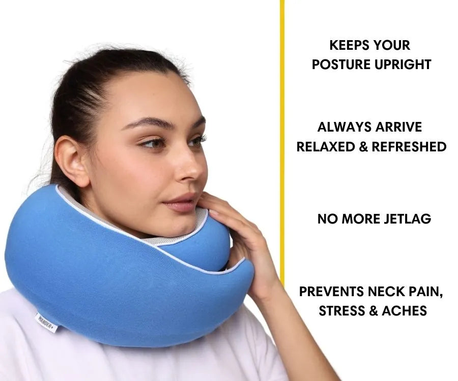 WANDER+ Pillow in Blue, worn, with the key benefits
